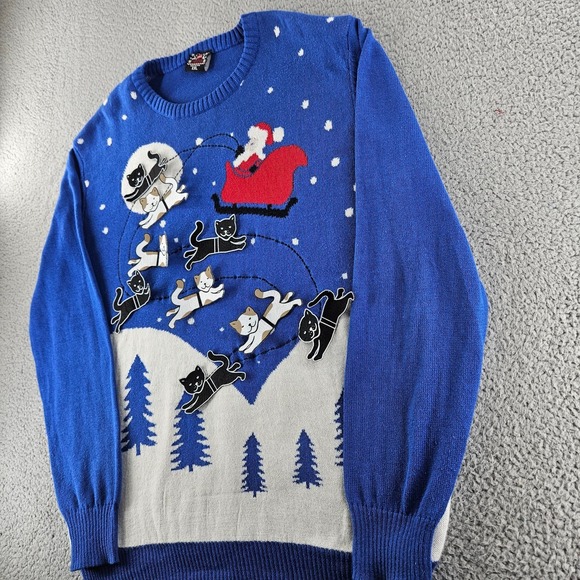 Well Worn Ugly Christmas Sweater Womens XXL Blue Santa‎ Cats Winter Holiday - Picture 7 of 15